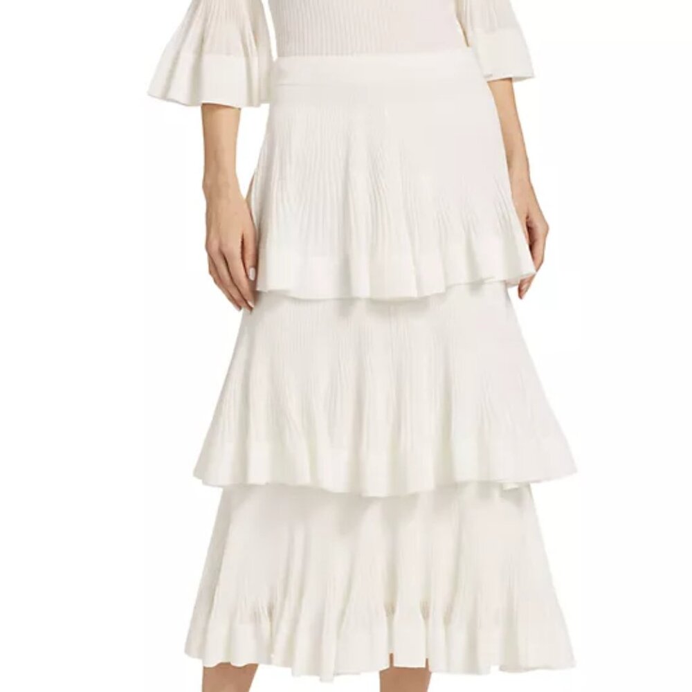 Zimmermann Cotton-Blend Rib-Knit Tiered Midi-Skirt Cream Size 2 (6-8) - Picture 7 of 14